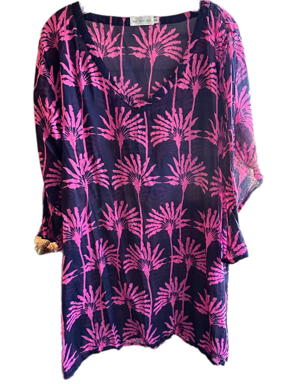 V-Neck Navy and Hot Pink Printed Long Sleeve Tunic Dress - West Indies Wear